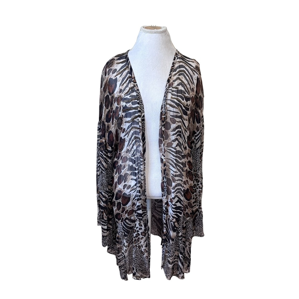 Ashro Womens Animal Print Kimono Cardigan Large Sheer Beaded Layer Boho Topper